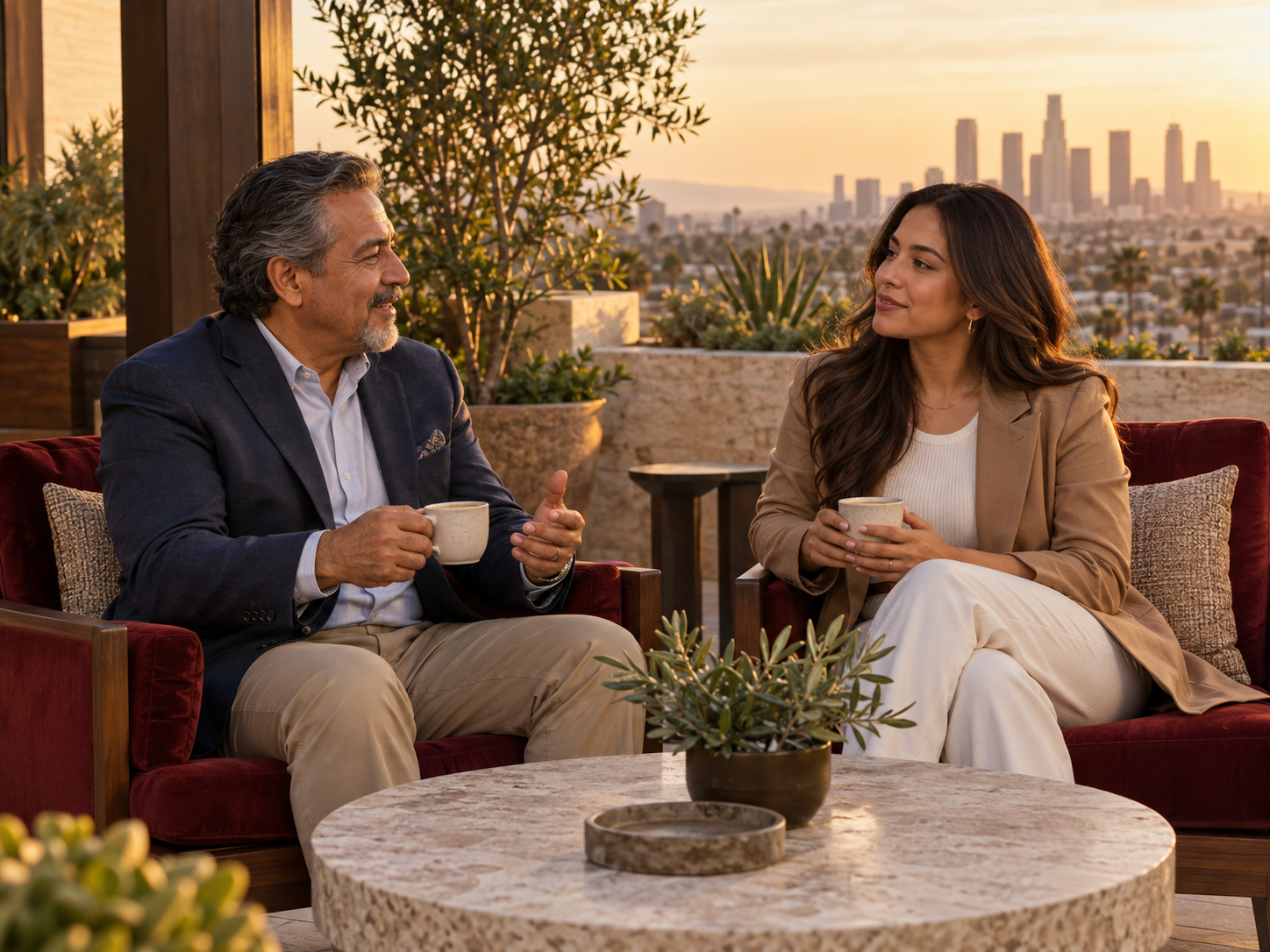 Two Latino American adults talking in an elegant Los Angeles rooftop lounge