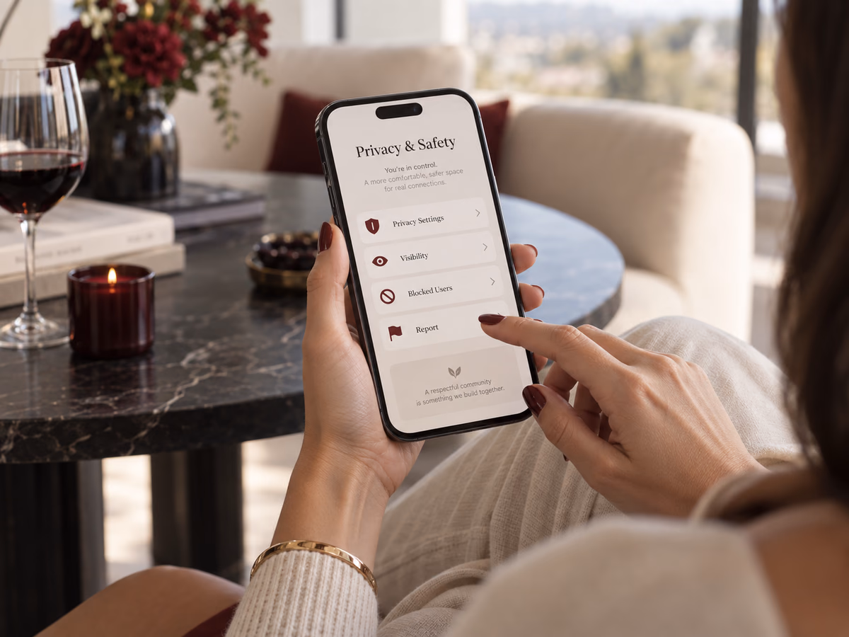 An adult using Candy Book privacy, visibility, block, and report controls on a smartphone